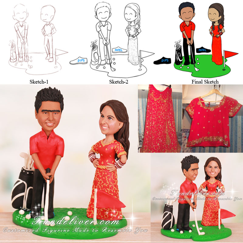 Groom Playing Golf Shot with Indian Bride Cake Toppers